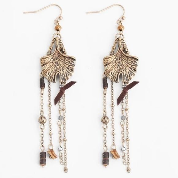 Gingko Leaf Dangle Earrings Jasper Stone - Picture 1 of 5